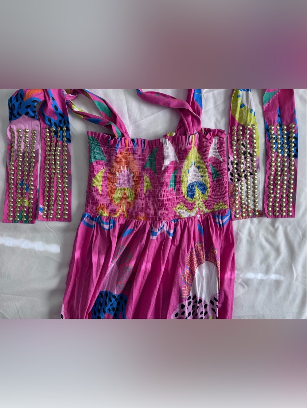 Sheridan French Kelly Maxi Dress Smocked Tiered Pink Floral Resort Boho Size L - Picture 5 of 5